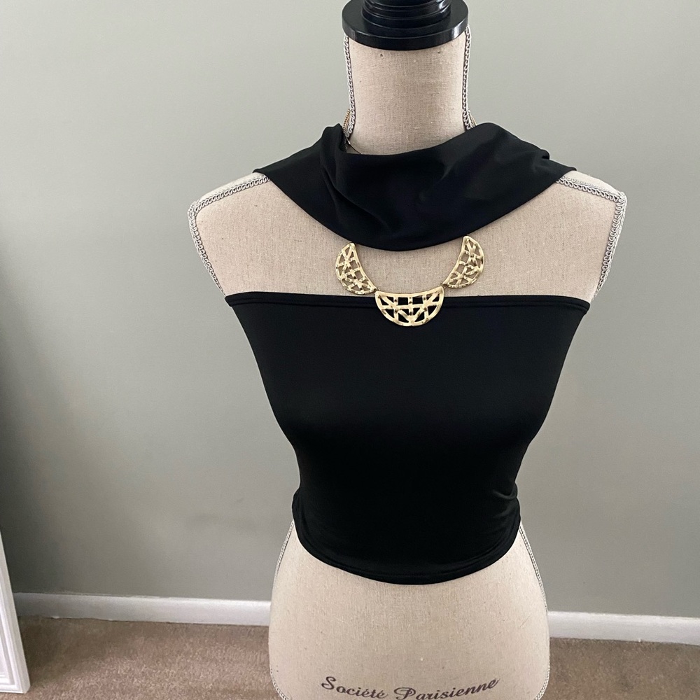 Black Sleeveless Top with Gold Accents